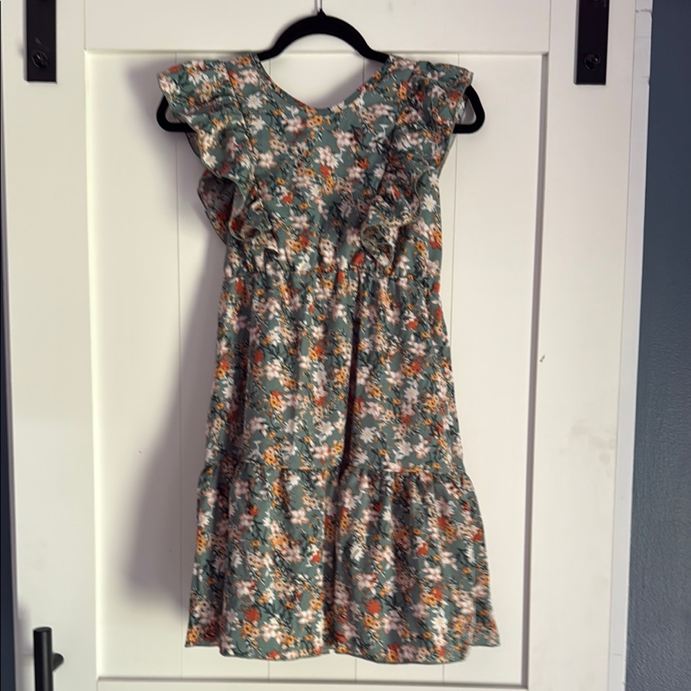 SHEIN Green Flowered Flutter Sleeve V-Neck Sundress